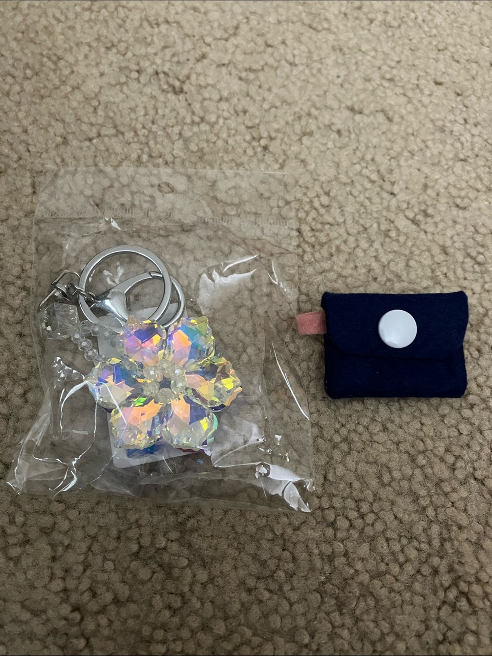 Mini micro felt purse pin and rainbow crystal beaded flower keychain bundle, new